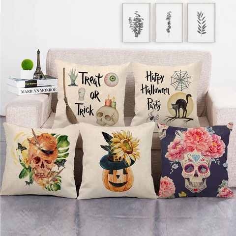 Halloween Schedel Pompoen Zwarte Kat Bedrukte Linnen Kussensloop Vintage Artistiek Vierkant Decoratieve Kussenhoes Voor Sofa Woonkamer Decoratie
