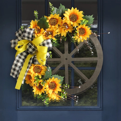 Sunflower Carriage Wheel Wreath Wood Base Black White Checkered Bow Faux Flowers Door Wall Decor Rustic Farmhouse