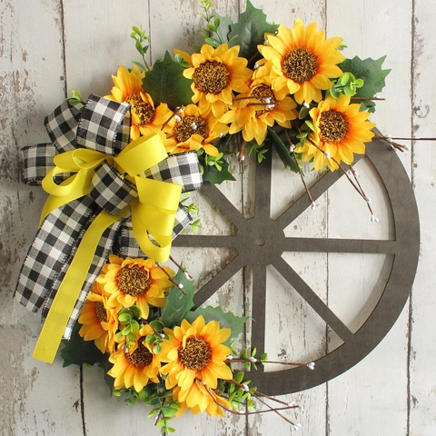 Sunflower Carriage Wheel Wreath Wood Base Black White Checkered Bow Faux Flowers Door Wall Decor Rustic Farmhouse