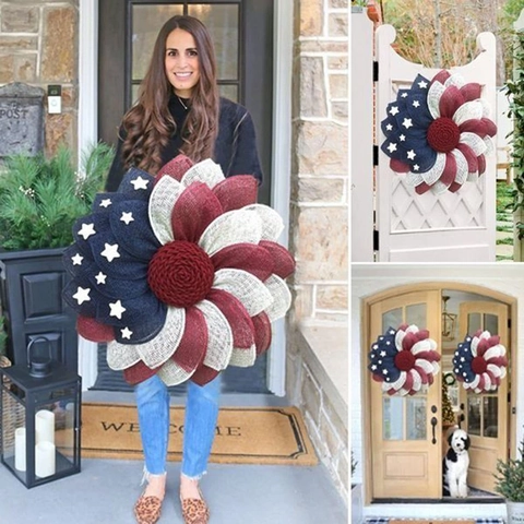 Onafhankelijkheidsdag Jute Krans Patriottische Amerikaanse Vlag Rood Wit Blauw Gaas Bloem Deur Decor Met Sterren Voor Huis Muur Feest