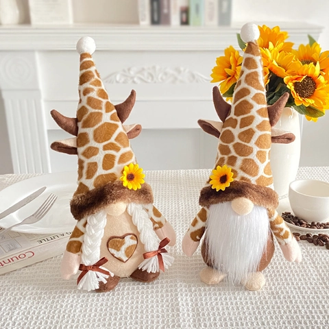Gnomo di Peluche con Stampa Giraffa Bambola Senza Volto con Girasole e Corna Rudolph Decorazione Casa Stile Nordico