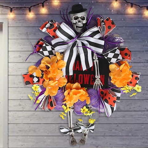 Ghirlanda Halloween Decorazione Scheletro Plastica Fiori Finti Nastro Rete Arredamento Porta Festa Festiva Oggetto Scena