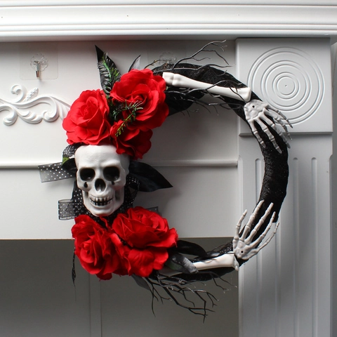 Couronne d'Halloween Gothique Crâne Roses Rouges Mains de Squelette Horreur Guirlande de Fleurs Artificielles Décor de Fête