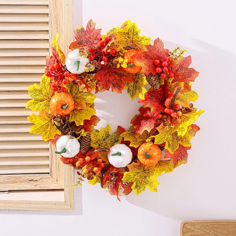 Corona D'Autunno Zucca Bianca Foglia D'Acero Pigna Bacca Decorazione Del Ringraziamento Porta Parete