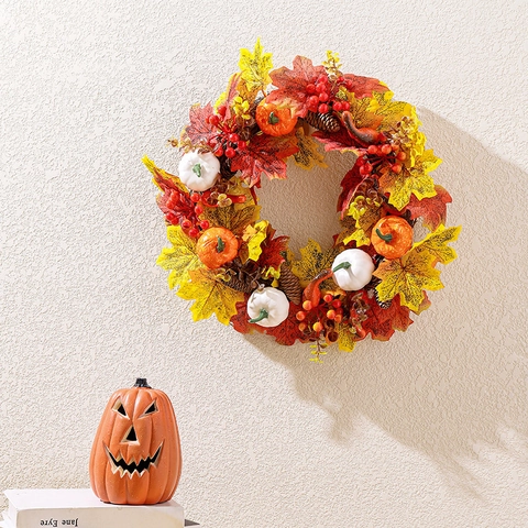 Corona D'Autunno Zucca Bianca Foglia D'Acero Pigna Bacca Decorazione Del Ringraziamento Porta Parete
