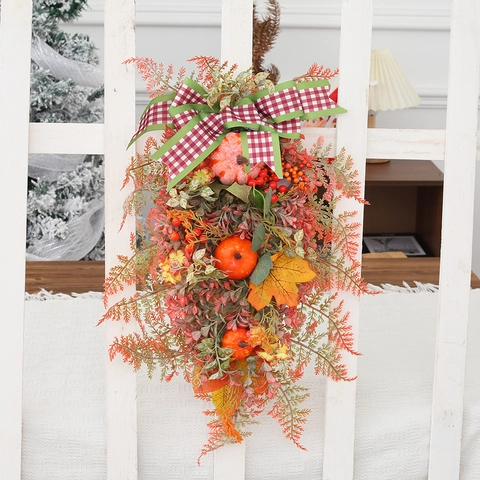 Thanksgiving Teardrop Swag Wreath Artificial Pumpkin Berry Maple Leaf Autumn Harvest Front Door Wall Hanging Decor Plaid Bow