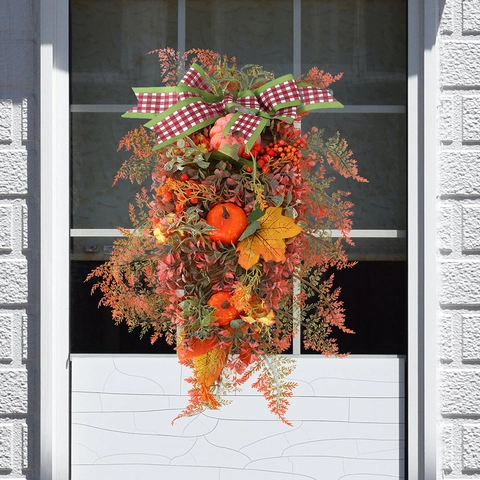 Thanksgiving Teardrop Swag Wreath Artificial Pumpkin Berry Maple Leaf Autumn Harvest Front Door Wall Hanging Decor Plaid Bow