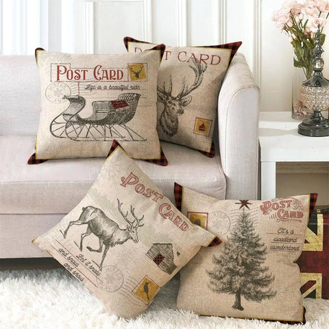 Christmas Throw Pillow Covers Cotton Linen Vintage Postcard Style Buffalo Plaid Border Winter Reindeer Sleigh Decor