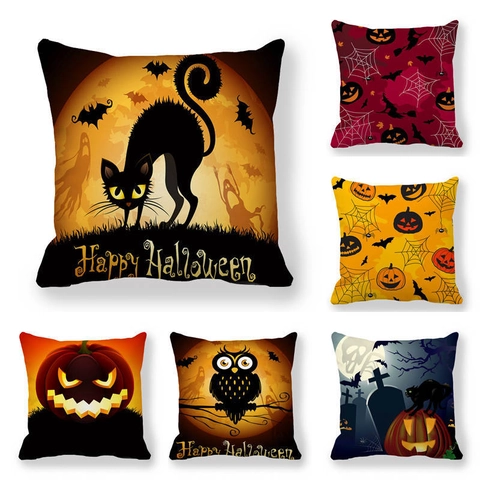 Fodera per Cuscino Halloween in Pelle di Pesca Ispessita Gatto Nero Zucca Strega Copricuscino Decorativo per Divano Casa Festa