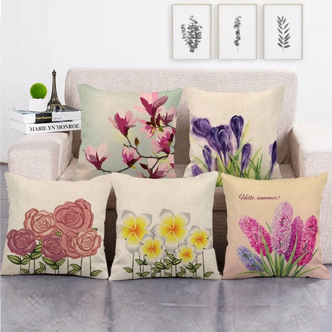 Floral Linen Throw Pillow Case Square Decorative Cushion Cover Watercolor Flower Prints For Sofa Living Room Home Decor