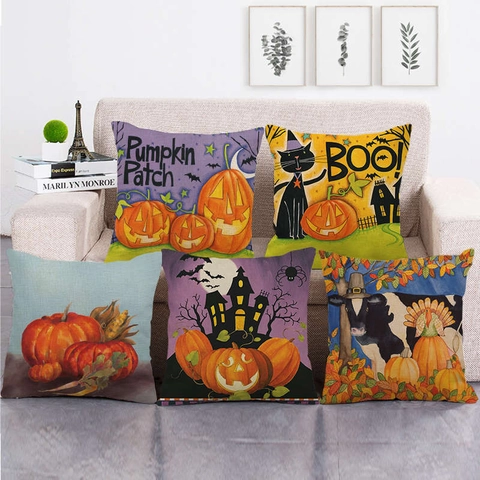 Halloween Autumn Pumpkin Linen Decorative Pillow Cover Square Throw Cushion Case For Sofa Home Festive Decor
