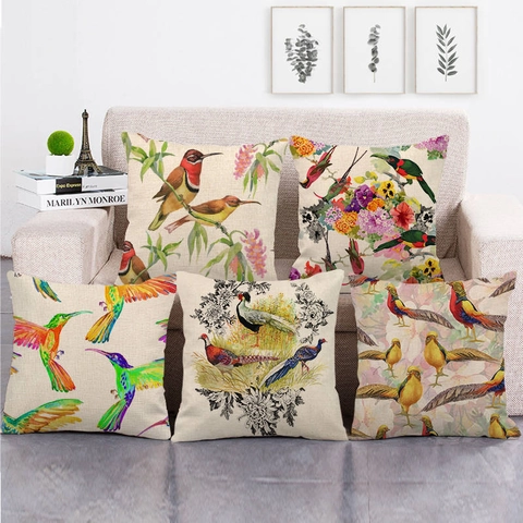 Vintage Linen Decorative Pillowcase Cushion Cover Floral Bird Pattern Square Throw Pillow Protector For Sofa Home Decor Living Room