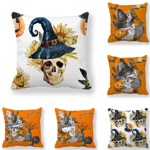 Halloween Kissenbezug Pfirsichhaut Polyester Skelett Zaubererhut Sonnenblume Kürbis Deko Kissenhülle Für Sofa Zuhause