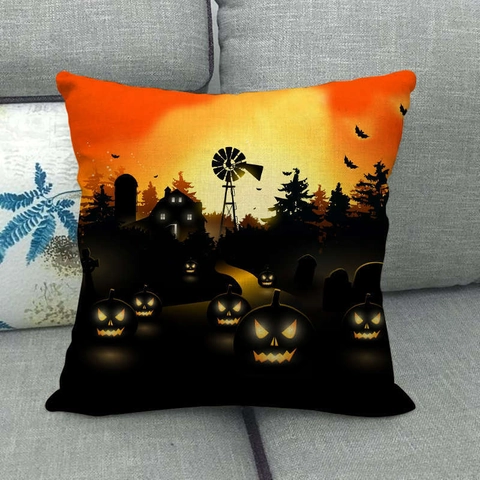 Funda de Cojín de Lino con Calabaza de Halloween Estampado de Murciélago Casa Embrujada Funda Cuadrada para Sofá Decoración Hogar