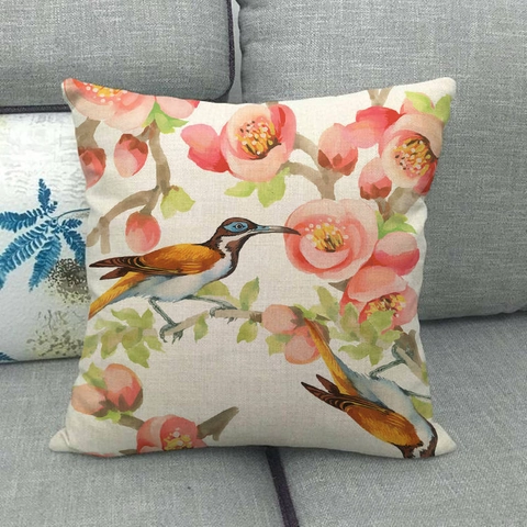 Vintage Linen Decorative Pillowcase Cushion Cover Floral Bird Pattern Square Throw Pillow Protector For Sofa Home Decor Living Room