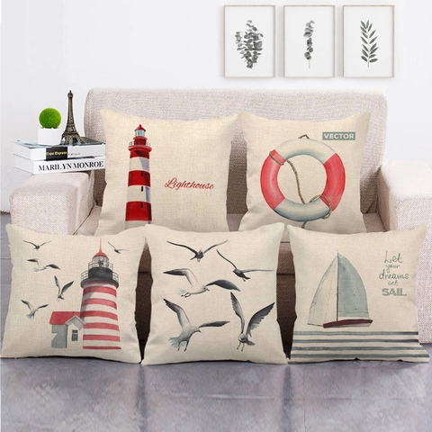 Nautical Linen Cushion Cover Lighthouse Sailboat Anchor Pattern Square Decorative Pillowcase For Sofa Living Room Home Decor