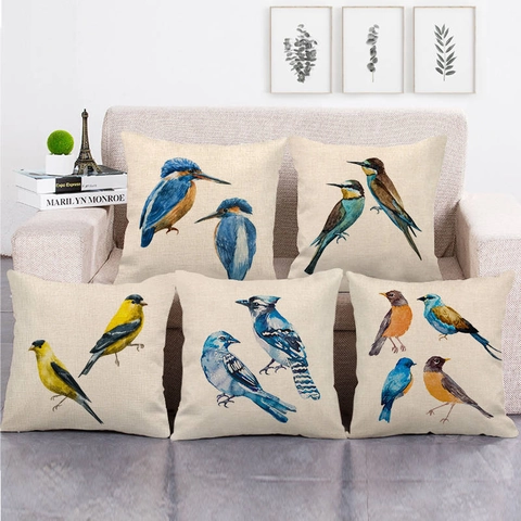 Decoratieve Kussenslopen Linnen Aquarel Vogelprint Vierkante Kussenhoezen Voor Bank Woonkamer Interieur Rustieke Stijl