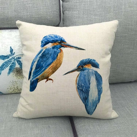 Fodera per Cuscino Quadrata in Misto Lino Cotone Vintage Illustrazione Uccello Acquerello Copricuscino Decorativo per Divano Casa