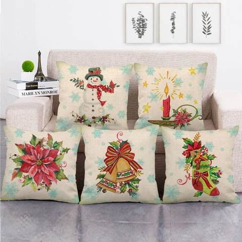 Christmas Pillowcase Cotton Linen Square Decorative Cushion Cover Printed Snowman Reindeer For Home Sofa Living Room Decor