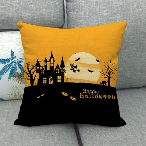 Funda De Cojín De Halloween Lino Funda De Almohada Decorativa Casa Embrujada Bruja Murciélago Impreso Sofá