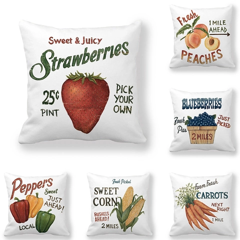 Vintage Farmhouse Fruit Vegetable Pattern Throw Pillow Case White Peach Skin Decorative Cushion Cover For Home Decor