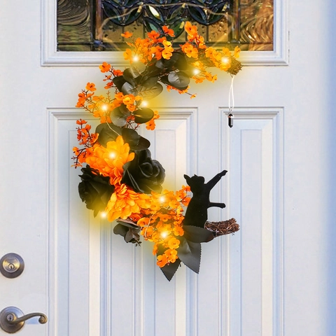 Corona De Gato Luna De Halloween Rosas Artificiales Naranja Negro Con Luces LED Decoración Colgante De Pared Gótica