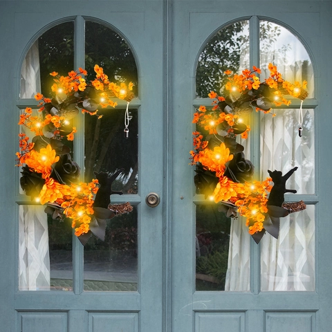 Corona De Gato Luna De Halloween Rosas Artificiales Naranja Negro Con Luces LED Decoración Colgante De Pared Gótica