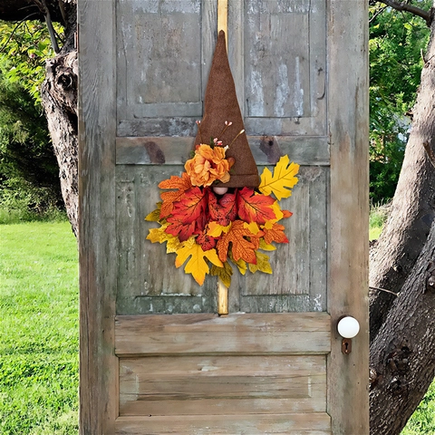 Herfst Oogst Kabouter Deurhanger Decoratie Stof Bruine Hoed Kunstmatige Esdoornbladeren Zijden Bloemen Thanksgiving Wanddecoratie