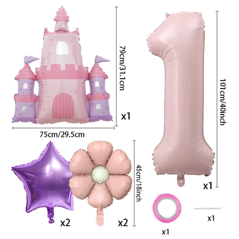 Prinzessin Schloss Folienballon Nummer 40 Zoll Aufblasbar Geburtstag Party Dekoration Mädchen Rosa Lila Thema Set