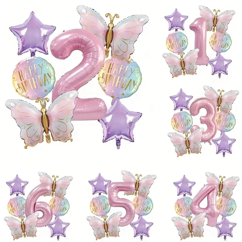 Elegant Butterfly Aluminum Foil Balloon Birthday Party Decoration Macaron Pink Number Star Round Balloons For Girl Photoshoot