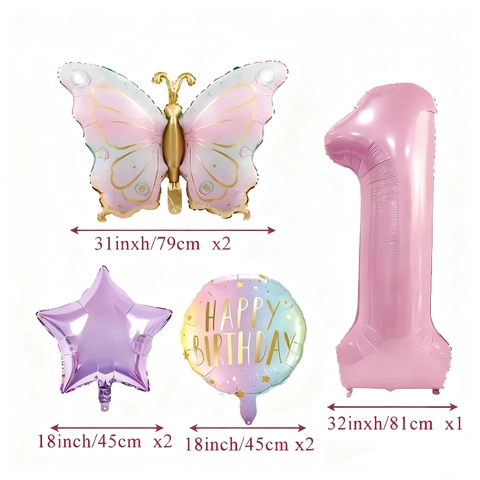 Elegant Butterfly Aluminum Foil Balloon Birthday Party Decoration Macaron Pink Number Star Round Balloons For Girl Photoshoot