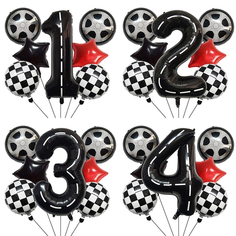 Racing Auto Thema Aluminiumfolie Ballons Mit Straßenmuster Nummer Karo Flagge Reifen Stern Für Jungen Geburtstag Deko