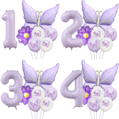 Schmetterling Partyballons Lila Aluminiumfolie Latex Nummer Blumenmuster Dekorative Für Geburtstag Hochzeit Feier