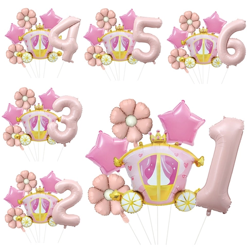 Globo de Papel de Aluminio Carruaje de Princesa Rosa Número Grande Flor Estrella Para Decoración de Fiesta de Cumpleaños de Niñas