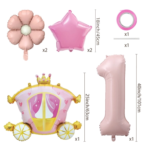 Globo de Papel de Aluminio Carruaje de Princesa Rosa Número Grande Flor Estrella Para Decoración de Fiesta de Cumpleaños de Niñas