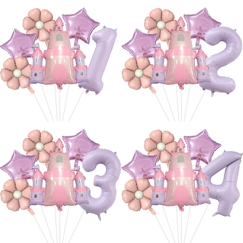 Prinzessin Schloss Aluminiumfolien Ballons Große Nummer Blume Stern Mädchen Geburtstagsparty Dekoration Macaron Pink Lila