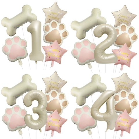 Cream Bone Number Aluminum Foil Balloons Collection Happy Birthday Party Decoration Pet Theme Paw Print Star Balloons