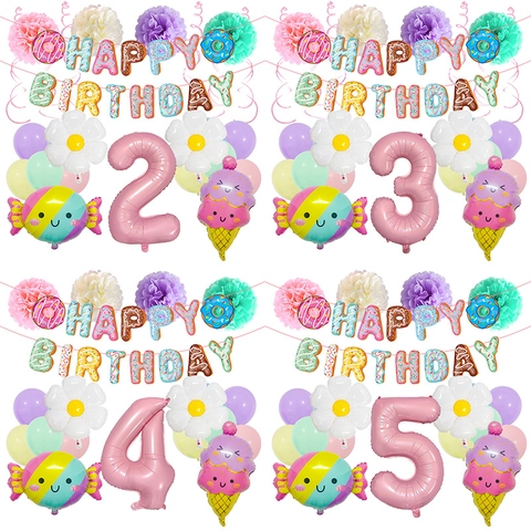 Macaron Donut Ice Cream Birthday Party Decoration Collection Aluminum Foil Latex Balloons Banner Paper Flowers For Kids