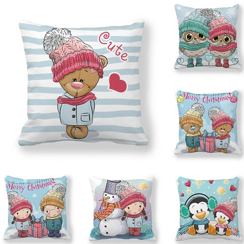Housse De Coussin En Peau De Pêche Dessin Animé De Noël Taie D'Oreiller Carrée Décorative Pour Canapé Maison Impression Numérique Vacances