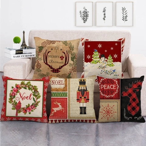 Housse de Coussin de Noël en Lin 45x45cm Taies d'Oreiller Décoratives Rétro Noël Décor de Vacances d'Hiver pour Canapé Salon Maison Sans Rembourrage