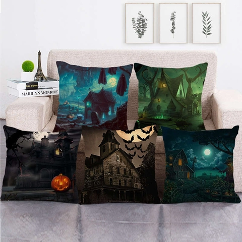 Halloween Geisterhaus Kürbis Fledermaus Leinen Kissenbezug Gotisch Gruselig Dekorative Kissenhülle Für Sofa Zuhause Party Deko
