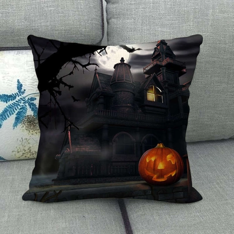 Halloween Geisterhaus Kürbis Fledermaus Leinen Kissenbezug Gotisch Gruselig Dekorative Kissenhülle Für Sofa Zuhause Party Deko