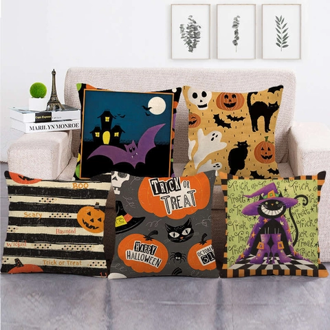 Halloween Cartoon Linnenmix Kussenhoes Pompoen Geest Vleermuis Heks Print Decoratieve Kussensloop Voor Bank Huis Decor