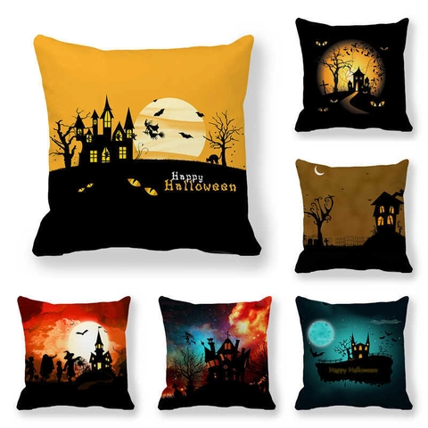 Halloween Throw Pillow Cover Peach Skin Velvet Haunted House Witch Bat Print Festive Home Decor Square Cushion Case