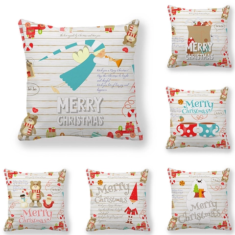 Merry Christmas Throw Pillow Covers Peach Skin Polyester Cartoon Snowman Reindeer Decorative Square Cushion Case For Sofa