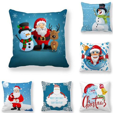 Christmas Santa Claus Snowman Printed Peach Skin Throw Pillow Case Square Decorative Cushion Cover For Home Xmas Decor