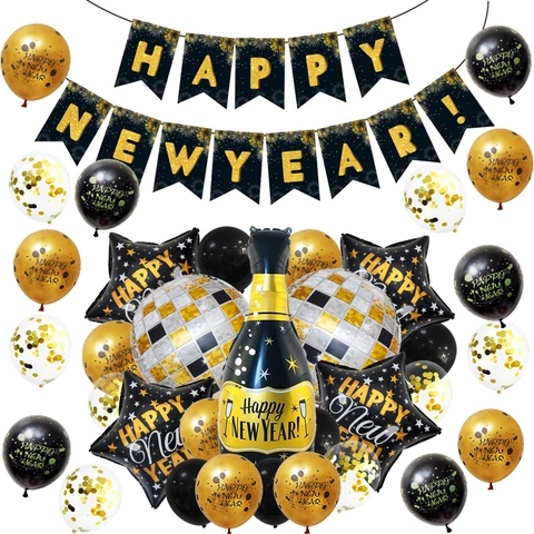 Decorazioni Per Feste Happy New Year Palloncini Banner Bottiglia Di Champagne Stella Disco Foil Lattice Nero Oro Decorazioni Festive