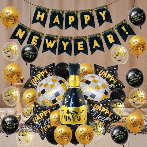 Decorazioni Per Feste Happy New Year Palloncini Banner Bottiglia Di Champagne Stella Disco Foil Lattice Nero Oro Decorazioni Festive