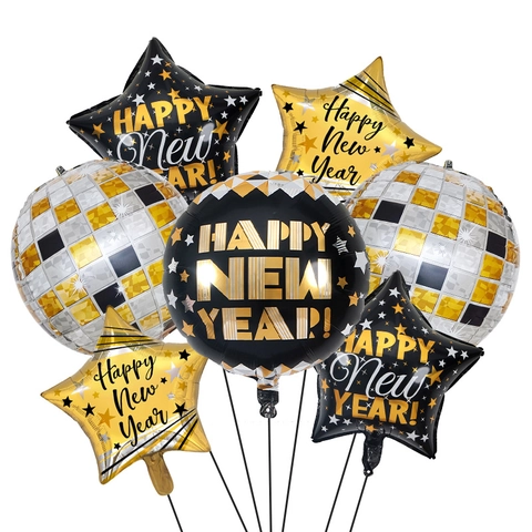 Palloncini Happy New Year Foglio Alluminio Stelle Rotondo Palla Disco Decorazioni Feste Festivi Stile Nero Oro