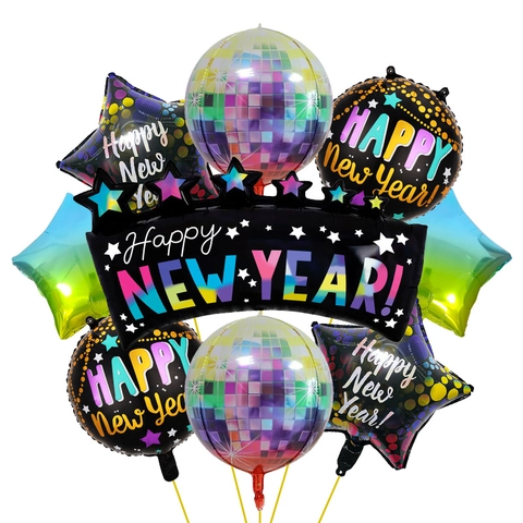 Palloncini Happy New Year Foglio Alluminio Stelle Rotondo Palla Disco Decorazioni Feste Festivi Stile Nero Oro